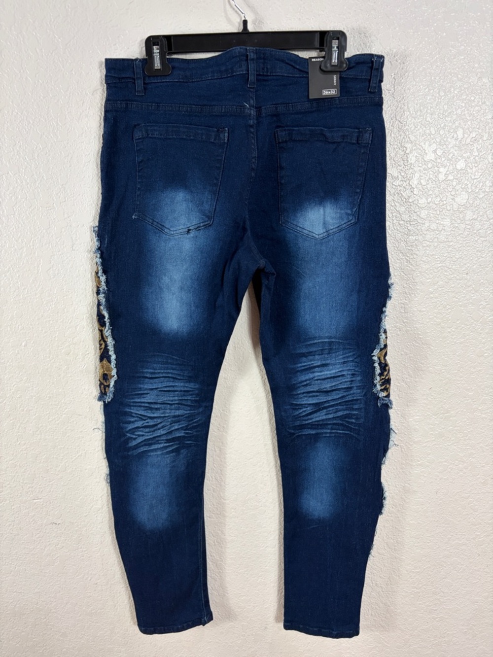 Reason Embroidered Side-Panel Skinny Jeans - Navy & Gold,Size 36x32 - Picture 9 of 17